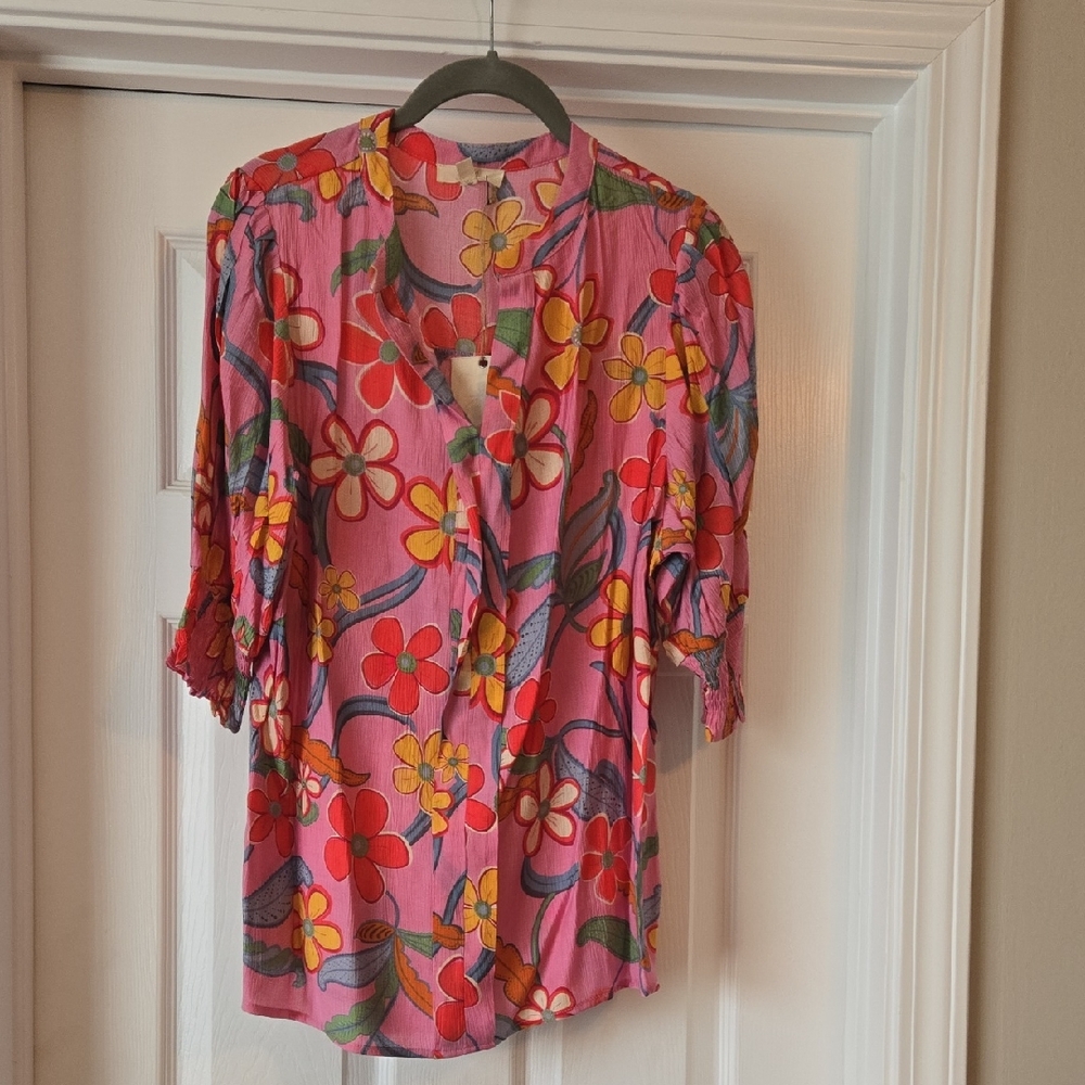 easel Pink Floral Button-Front Blouse with Three-Quarter Sleeves